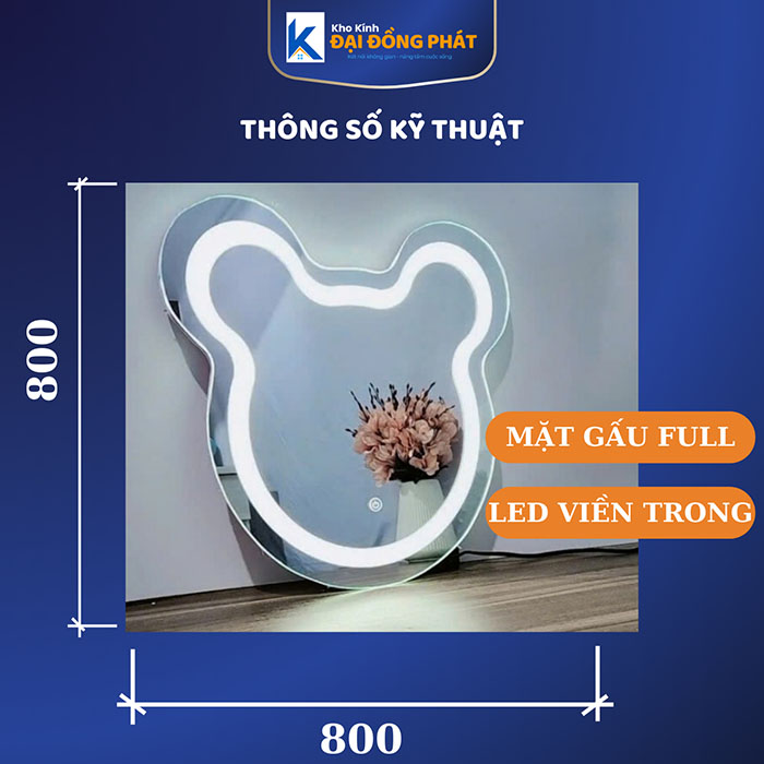 Gương Led cảm ứng, hình mặt gấu, Phôi kính Bỉ 7 lớp, Bảo Hành 3 năm